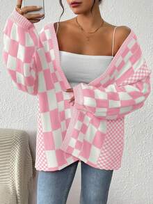 EMERY ROSE Minimalist Comfortable Checkered Cardigan, Spring/Autumn Fall Winter Cloth For Women - Baby Pink - View 1