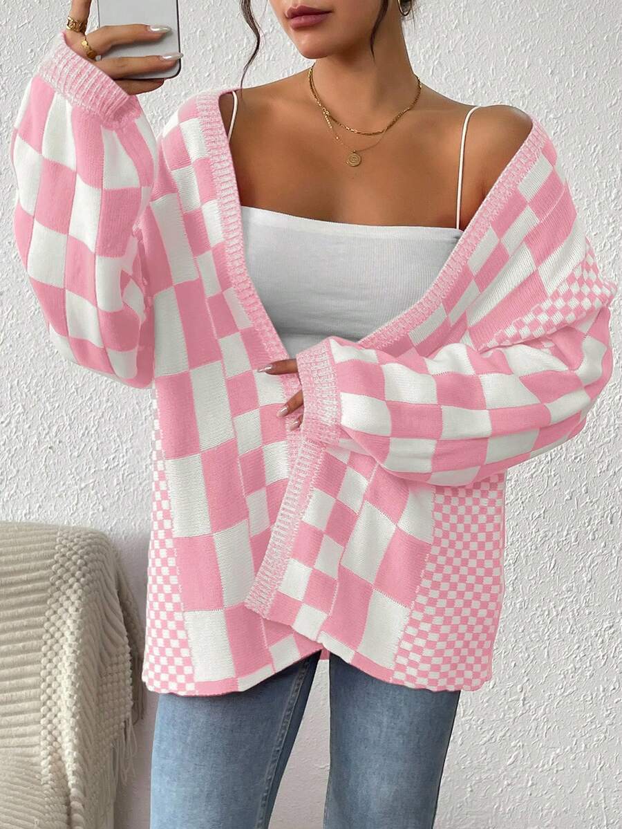 EMERY ROSE Minimalist Comfortable Checkered Cardigan, Spring/Autumn Fall Winter Cloth For Women - Baby Pink - View 1