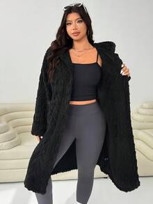 Solflare Plus Size Textured Thick Double-Sided Fleece Long Jacket, Autumn/Winter Fall Plus Size Winter Clothes - Black - View 7
