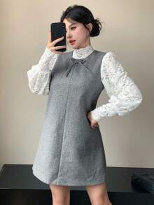 DAZY 女士宽松休闲甜美蝴蝶结装饰无袖连衣裙，秋冬季短款连衣裙 - 灰色 - 查看 7