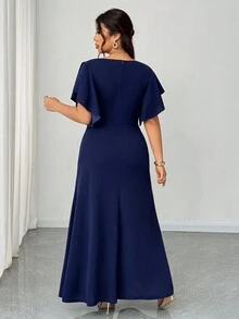 Elenzga 加大码轻盈礼服，优雅浪漫荷叶边袖 V 领腰部修身鱼尾下摆连衣裙，适合婚礼宾客、派对、宴会