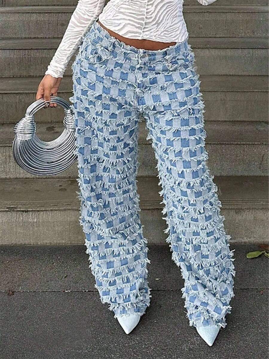 SHEIN Y2K 90年代复古风少女蓝色水洗低腰格子拼接毛边宽松直筒牛仔裤，时尚休闲，适合办公室日常穿着，通勤、运动等场合，年轻时尚，万圣节装扮，返校季/返校节/万圣节服装 - 中等水洗藍 - 查看 1