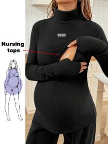 SHEIN 孕妇休闲纯色高领修身哺乳上衣，秋冬