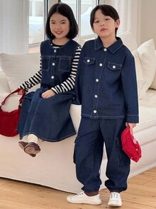 Genkimix Kids 2pcs/Set Toddler Boy Long Sleeve Denim Shirt +  Denim Flap Pocket Cargo Pants