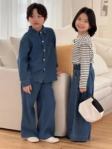 Genkimix Kids Bộ đồ thường ngày mùa xuân/thu mới dành cho bé gái, áo thun dài tay kẻ sọc + quần jeans ống rộng dáng suông, dễ thương và đơn giản. - Đen và trắng - Xem 3