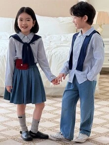 Genkimix Kids 3 件套年轻男孩休闲装：披肩领毛衣 + 条纹衬衫 + 水洗牛仔裤，秋季时尚造型 - 藍色 - 查看 5