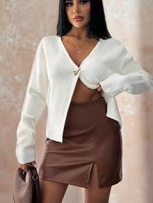 EURMUSE WOMEN ELEGANT WHITE KNIT CARDIGAN – GOLD BUTTON DETAIl - White - View 5