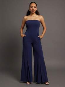 Vixey Women's Strapless Cinched Waist Pocket Open Back Wide Leg Jumpsuit, Suitable For Weddings, Business Casual Woman, Office Outfit - Blue - View 3