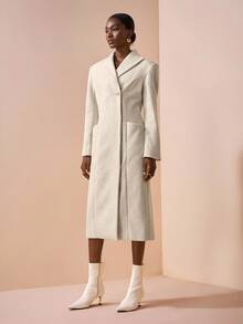 Zivah 2025秋冬新品，音乐节，毕业季，学院风，学生装，日常休闲，度假，海滩，街头风，通勤优雅，翻领长袖金属纽扣长外套，浅灰色大口袋大衣 - 淺灰色 - 查看 4