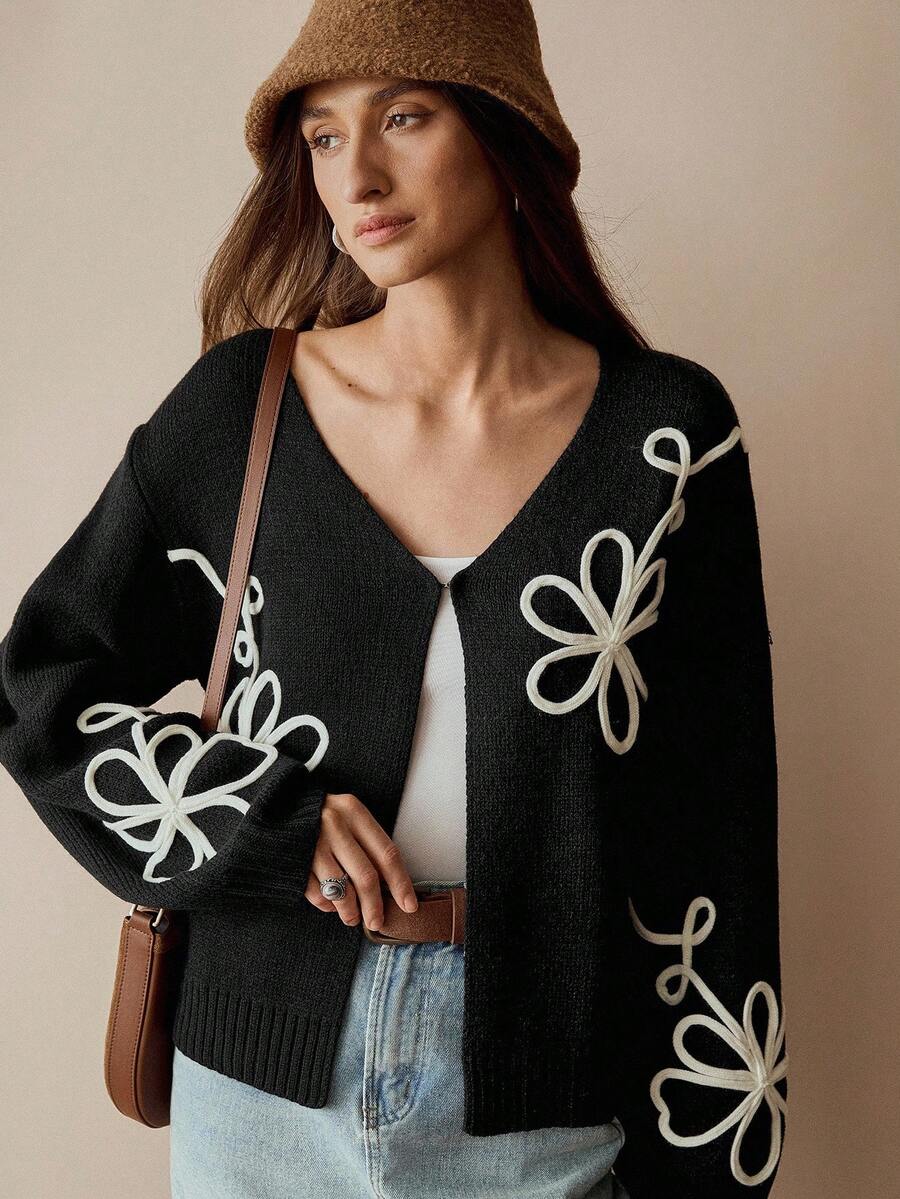 女式休闲波西米亚风落肩开衫 - 黑色 - 查看 1