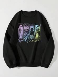 EMERY ROSE Plus Size Halloween Sweatshirt, Plus Size Graphic Long Sleeve Crew Neck Pullover, Street Style Fall Cloth For Women Winter Autumn - Black - View 1