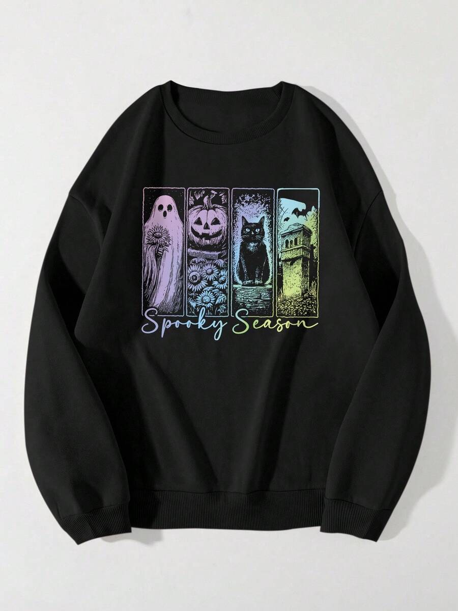 EMERY ROSE Plus Size Halloween Sweatshirt, Plus Size Graphic Long Sleeve Crew Neck Pullover, Street Style Fall Cloth For Women Winter Autumn - Black - View 1