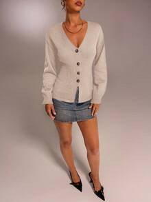 SHEIN Forever 21 Fall & Winter V-Neck Fitted Kawaii Clothes Funny New Years Eve Party Women Long Sleeve Women Cardigan Sweater , Y2k Clothes Street Wear Women Knitted Women Sweater - Apricot - View 7