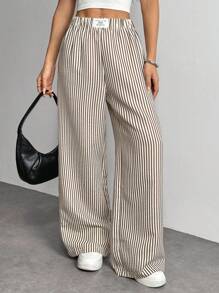 SHEIN PETITE 女士字母条纹宽腿宽松休闲裤