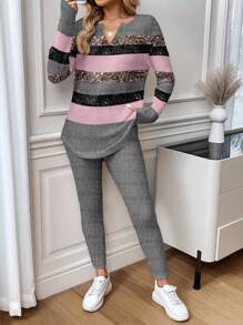 SHEIN LUNE 2 件套女士撞色闪光条纹长袖 T 恤和紧身打底裤，适合秋冬季，秋季 2 件套休闲套装女士秋季服装