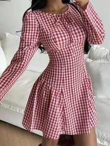 SHEIN EZwear 格纹系带腰部中长连衣裙 - 紅色 - 查看 1