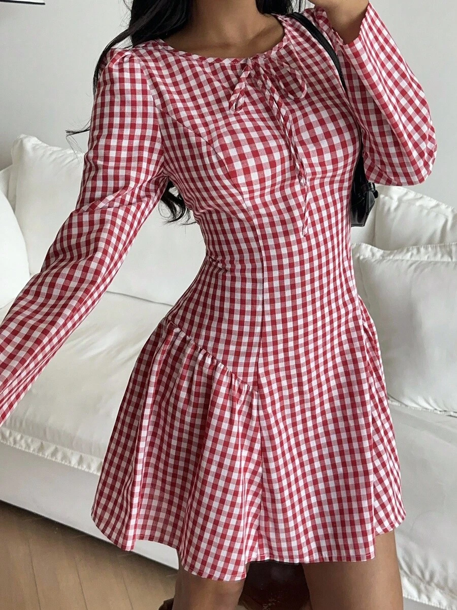 SHEIN EZwear 格纹系带腰部中长连衣裙 - 紅色 - 查看 1