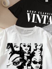 3 件套 Tween Girl 图案印花 T 恤，黑色、白色、灰色，街头风格休闲短袖上衣