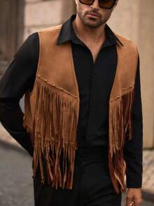 EASEVO Plus Size Men's Fashionable Vintage Fringe Decorated Vest Jacket Fringe Jacket Mens Fringe Men Waist Coat Western Vest For Men - Coffee Brown - View 4