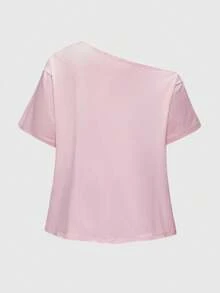 ROMWE Kawaii Plus Size Sexy Asymmetric Shoulder Solid Color Basic Vintage Street Style Loose Fit Summer Tee - Pink - View 2