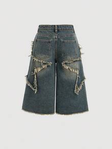 SHEIN Tween Girls Y2K Vintage Washed Star Patched Printed,Belt Loop, Frayed Edge,Denim Capri Baggy Jeans Long Shorts With Raw Hem, Casual & Fashionable For Everyday Wear,School,Streetwear, Ripped Jean Shorts, Frayed Denim Shorts, Distressed Denim Shorts, Jorts, Baggy Jean Shorts Fall Winter - Medium Wash - View 2