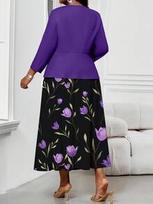 SHEIN Lady Autumn And Winter Elegant Modest Commuting Office Purple Dress Purple Plus Size Co-Ords Round Neck Chic Women's Set Women's Country Clothing Country Dress Country Dress For Women Purple Printed Two-Piece Suit Going Out Tops Halloween Clothes For Women Halloween Clothes For Women Dresses For Women Teacher Outfits For Women 2 Piece Sets For Women Women's Dresses Plus Size Dresses For Women Purple Dress Black Formal Dress For Women Formal Dresses For Women - Multicolor - View 2