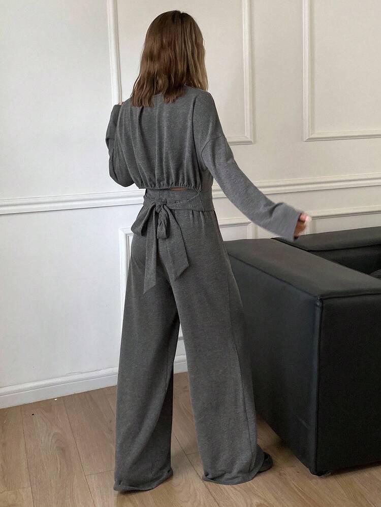 Livesso 女士宽松休闲T恤长裤两件套，秋冬家居服套装 - 杏色 - 查看 2