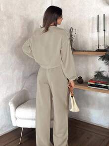 SHEIN 大码女式纯色阔腿灯笼袖前蝴蝶结细节两件套 - 米色 - 查看 2