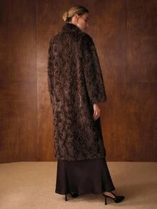 MOTF PREMIUM SOLID LAPEL COLLAR SLANT POCKET DOUBLE BUTTON PLACKET FAUX FUR COAT , FALL WINTER - Coffee Brown - View 4