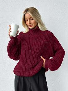 EURMUSE 女士厚纱高领休闲风格常规版型冬季保暖毛衣 - 酒紅色 - 查看 3