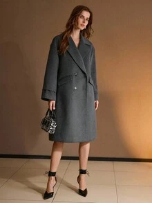 MOTF PREMIUM Áo khoác len pha trộn cổ tròn cỡ lớn màu trơn dài vừa - Màu xám đen - Xem 4