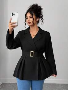 Elenzga Plus Size Women's Solid Color Lapel NeckLong Sleeve Pleated Design Elegant Blazer, Autumn Fall Cloth For Women Winter