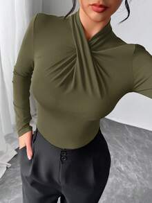 Firerie Bộ đồ liền thân cổ bèo nhún màu đỏ thanh lịch, hiện đại và gợi cảm, đa năng cho mặc thường ngày, ở nhà và giao lưu, mùa thu/đông - xanh quân đội - Xem 7