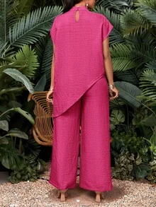 SHEIN Lady Bộ 2 món áo thun cổ lọ tay ngắn màu trơn cỡ lớn và quần dài - Màu Hồng Tươi - Xem 2