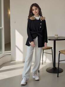 SHEIN 青少年女孩休闲毛绒连帽夹克，带毛领，冬季 - 黑色 - 查看 10