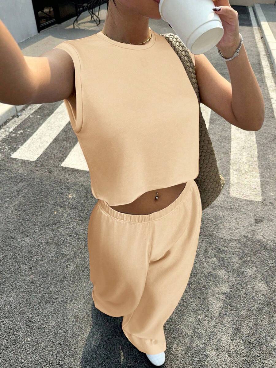 Muchica Bộ 2 món/Bộ đồ nữ kaki cổ tròn rộng rãi và quần âu thường ngày - Màu Khaki - Xem 1