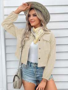 SHEIN LUNE Áo khoác ngắn cài nút thời trang thu đông cho nữ - Màu Khaki - Xem 3