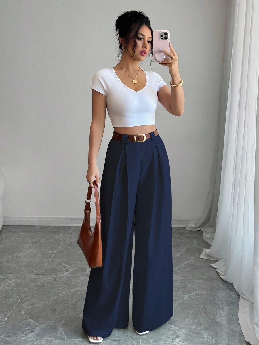 SHEIN PETITE Women's Casual Solid Color Wide Leg Pants, Versatile For Daily Commute Fall Cloth For Women - Navy Blue - View 1