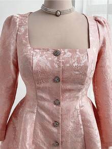 Flirla Vestido de talla grande con cuello cuadrado elegante, estampado jacquard y botones delanteros - Rosa vieja - Ver 2