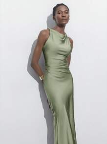 Maija Robe midi en satin vert sauge élégante pour femme, robe de mariée d'été, sans manches, col drapé, volants, en soie, robe de soirée formelle pour brunch, tenues de Noël - Vert - Voir 3