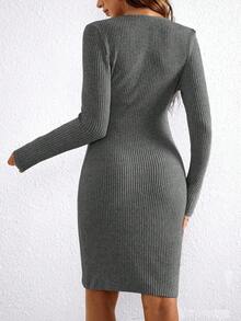 SHEIN Váy bầu dáng ôm, màu trơn, đơn giản, buộc dây, thu/đông - Xám - Xem 2