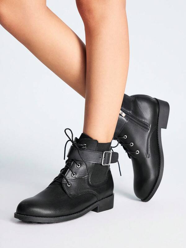 Sugerpunk CUCCOO Casual Lace-Up Elastic Zipper Soft Black Ankle Boots