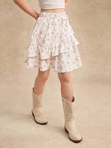 女童花卉印花荷叶边下摆松紧腰休闲裙 - 杏色 - 查看 2