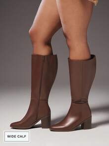 SHUZIA 女士3英寸粗跟PU棕色过膝长靴——时尚舒适，适合小腿较粗的女性，是打造自信优雅造型的必备奢华单品。圣诞节和情人节的理想之选。 - 棕色 - 查看 2