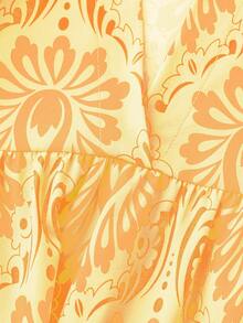 Franclia 大码女式度假泡泡袖V领休闲节日印花衬衫，春夏 - 黃色 - 查看 5