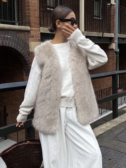 DAZY 女士秋季优雅前开襟人造毛皮背心外套