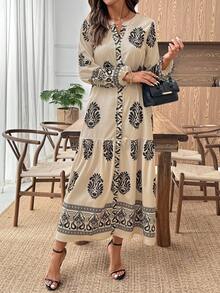 EMERY ROSE Đầm Maxi Tay Dài Cổ Chữ V Dáng Ôm, Thanh Lịch, Rộng Rãi, Họa Tiết Hoa Cho Nữ - Màu Khaki - Xem 6