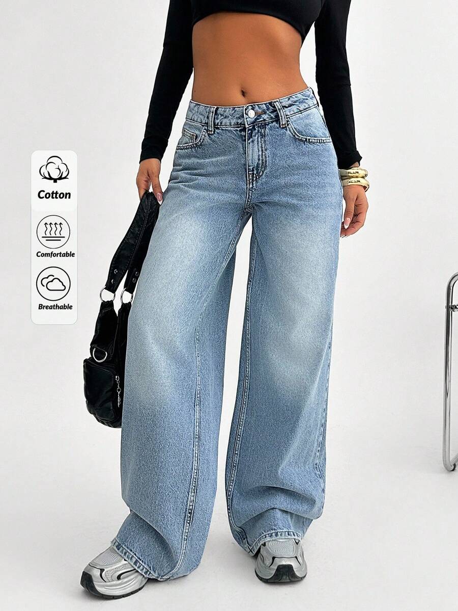 EURMUSE 女士阔腿牛仔裤，适合日常穿着 - 中等水洗藍 - 查看 1