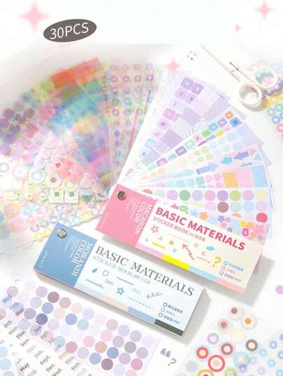 SHEIN Color Card Basic Stickers Book, Minimalist High-Aesthetic Planner Material, Numeric & Dot Handmade DIY Stickers School Supplies