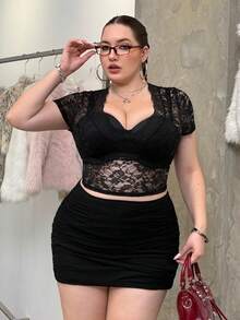 GalTyme 女式加大码黑色针织褶皱紧身半身裙 - 黑色 - 查看 5